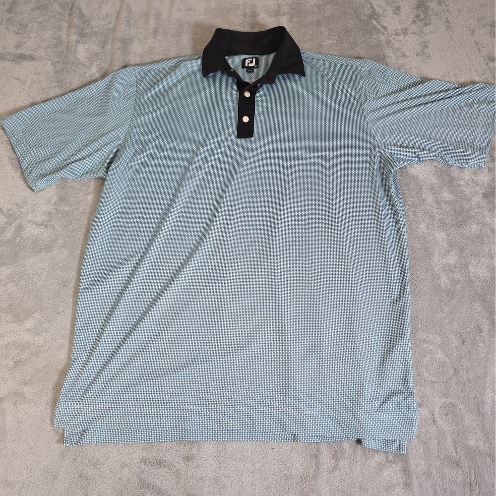 FootJoy Golf Polo Mens Large Teal Check Short Sleeve Stretch Shirt Black Collar